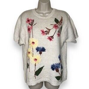 220 Hickory Textured 3D Short Sleeve Sweater Beige Embroidery Floral Women Large